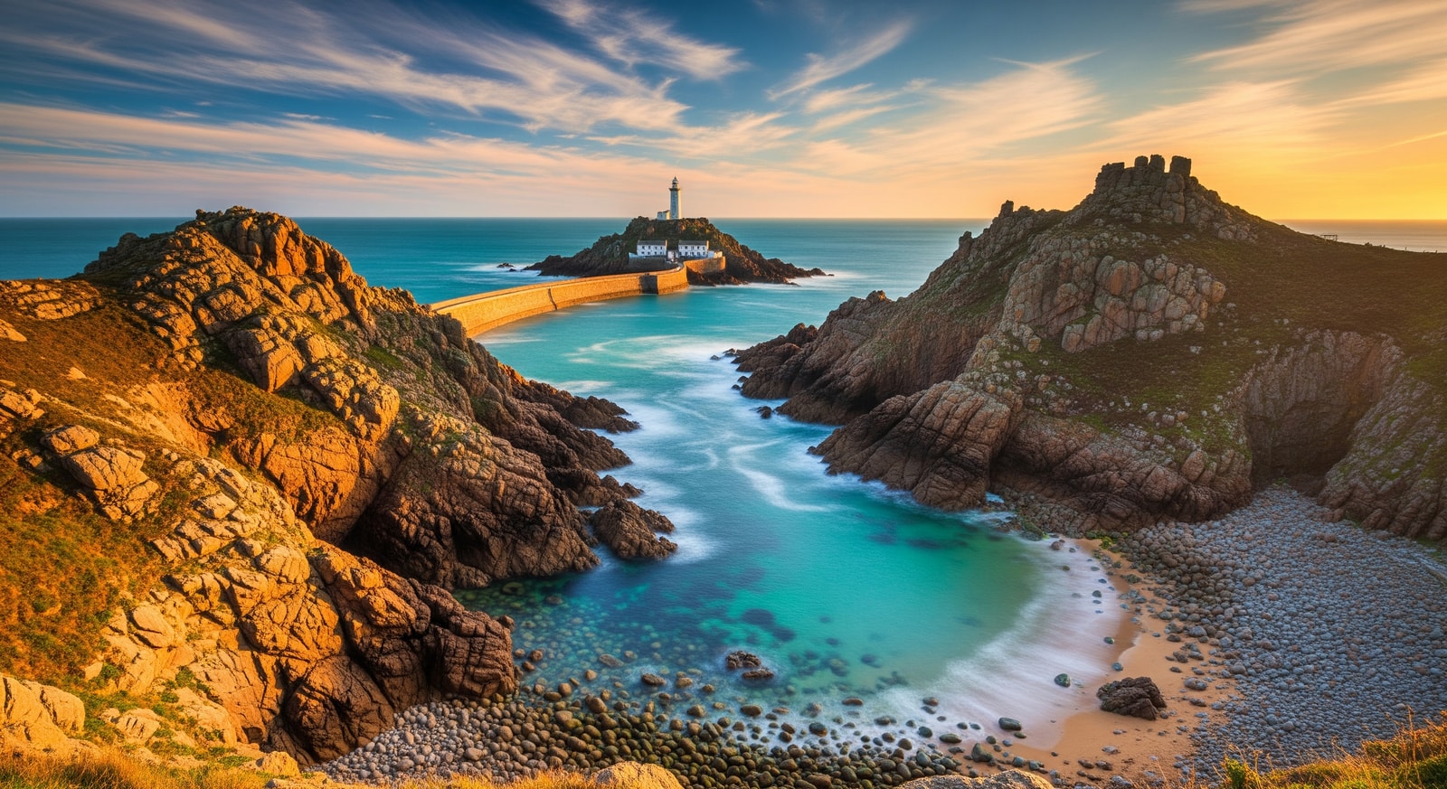 Dramatic Jersey coastline with rugged cliffs, hidden coves, and crystal clear waters at La Corbiere lighthouse