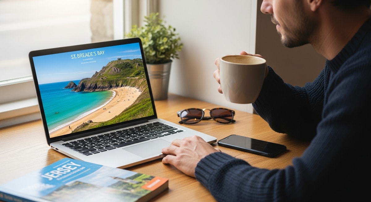 Traveler planning Jersey vacation with laptop showing beautiful St. Brelade's Bay beach scenery