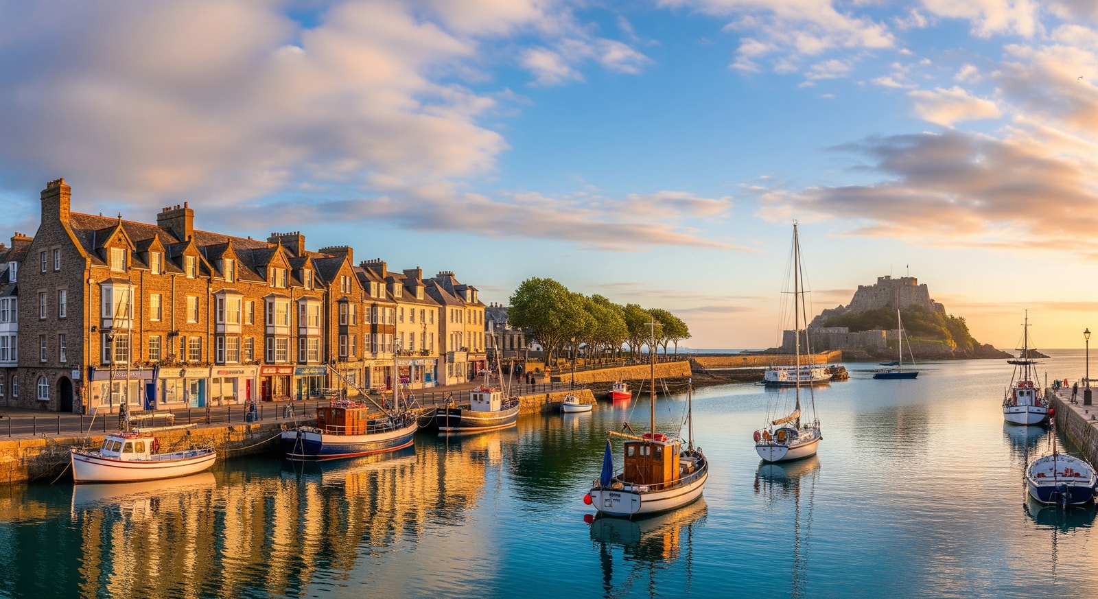 Historic St. Helier waterfront with traditional buildings, boats in the harbor, and Elizabeth Castle in the background