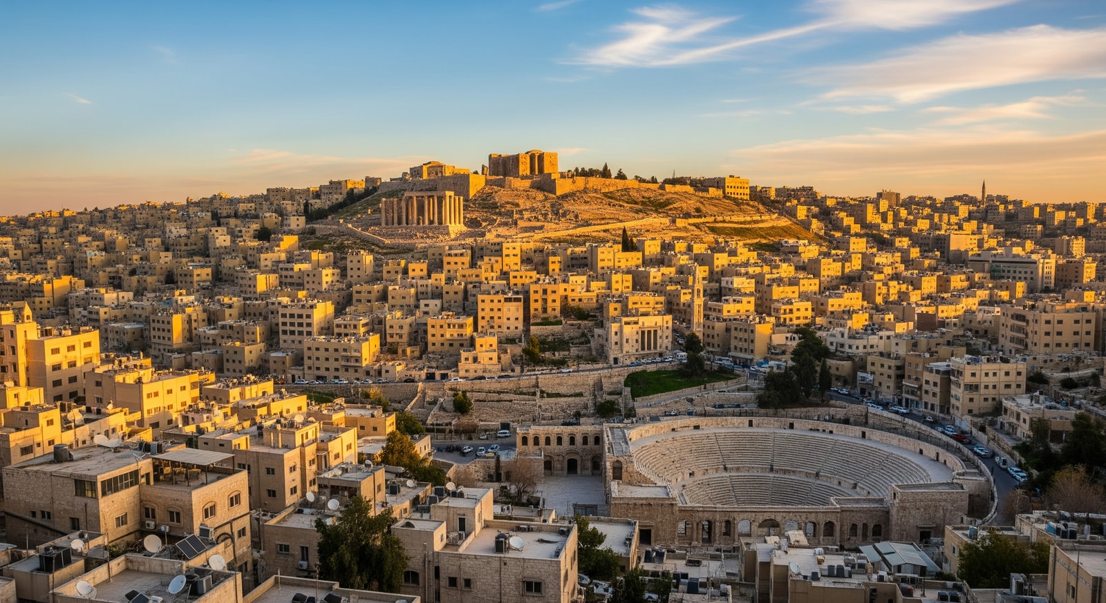 Panoramic view of Amman cityscape with the Citadel and Roman Theatre visible