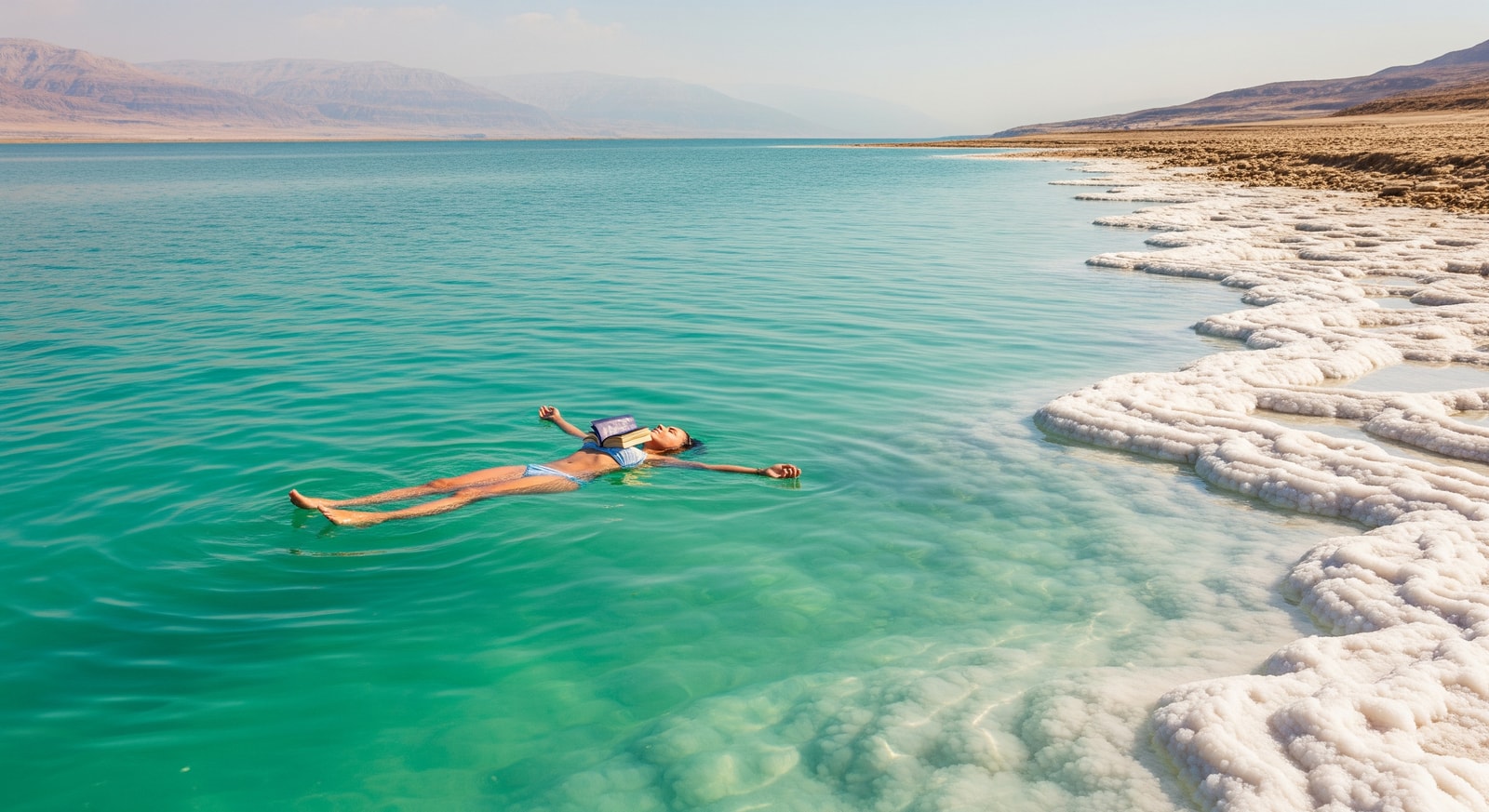 Person floating effortlessly in the turquoise waters of the Dead Sea in Jordan