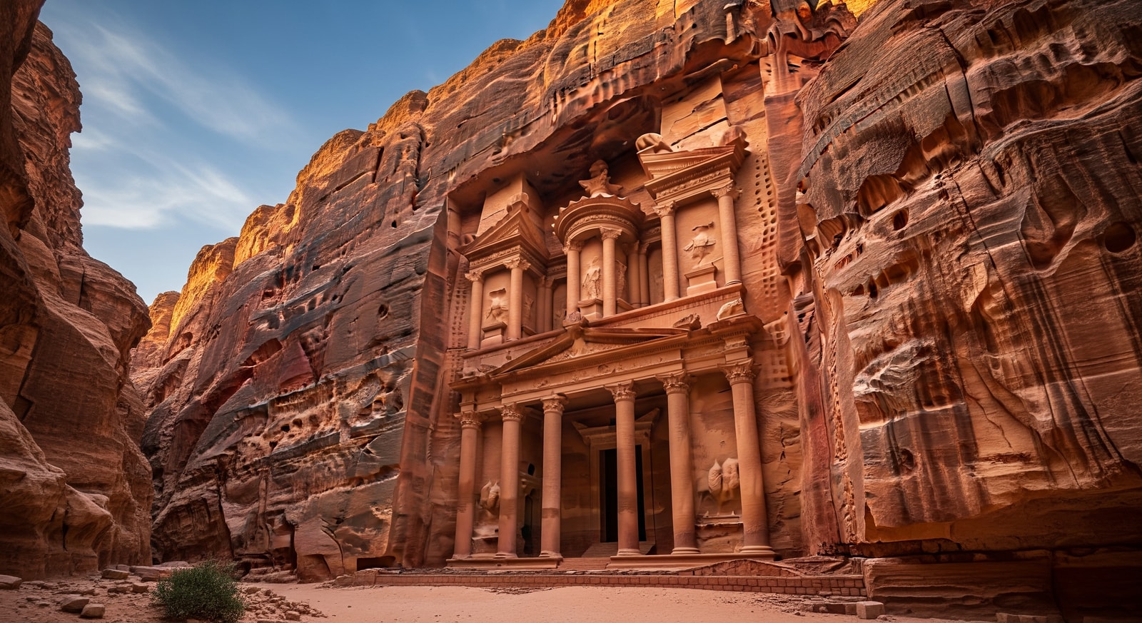 The iconic Treasury facade at Petra carved into rose-red sandstone cliffs in Jordan