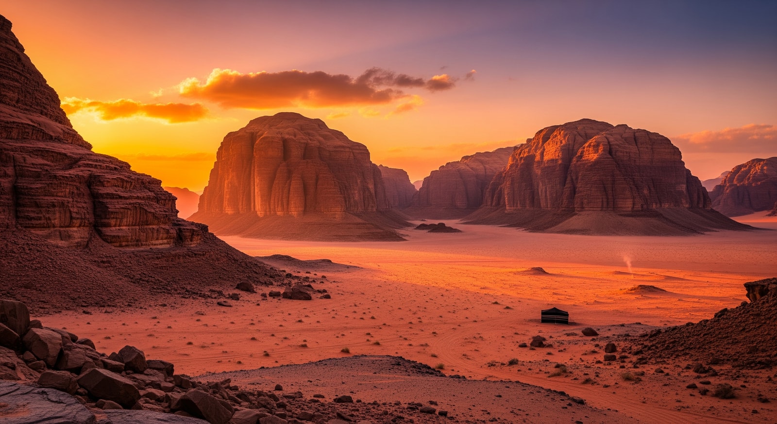 Dramatic sandstone formations and desert landscape of Wadi Rum at sunset