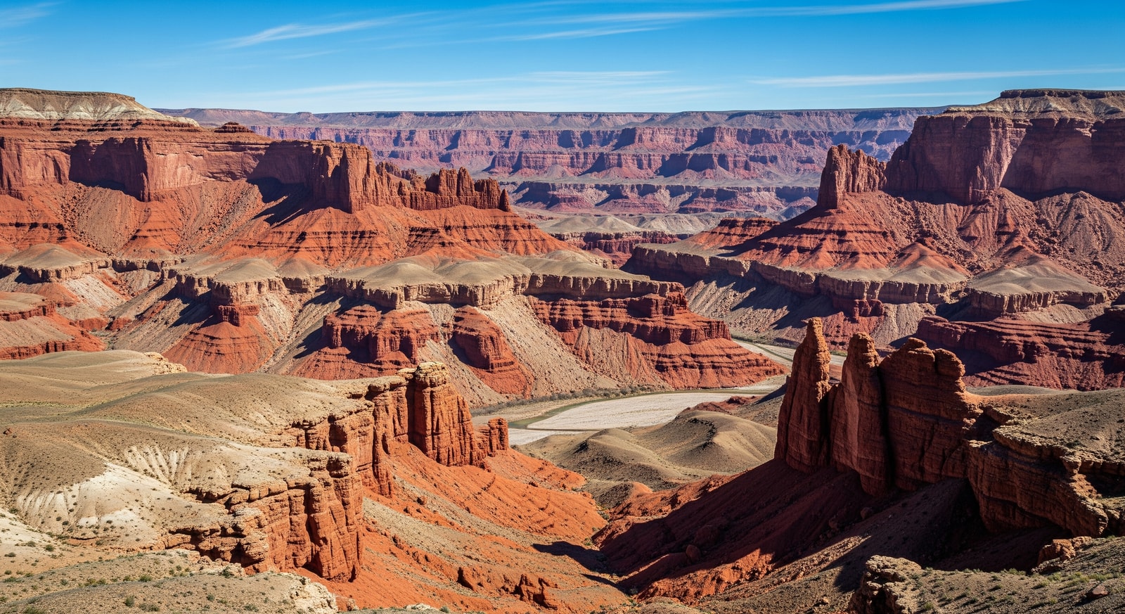 Majestic Charyn Canyon with red rock formations stretching into the distance under clear blue skies
