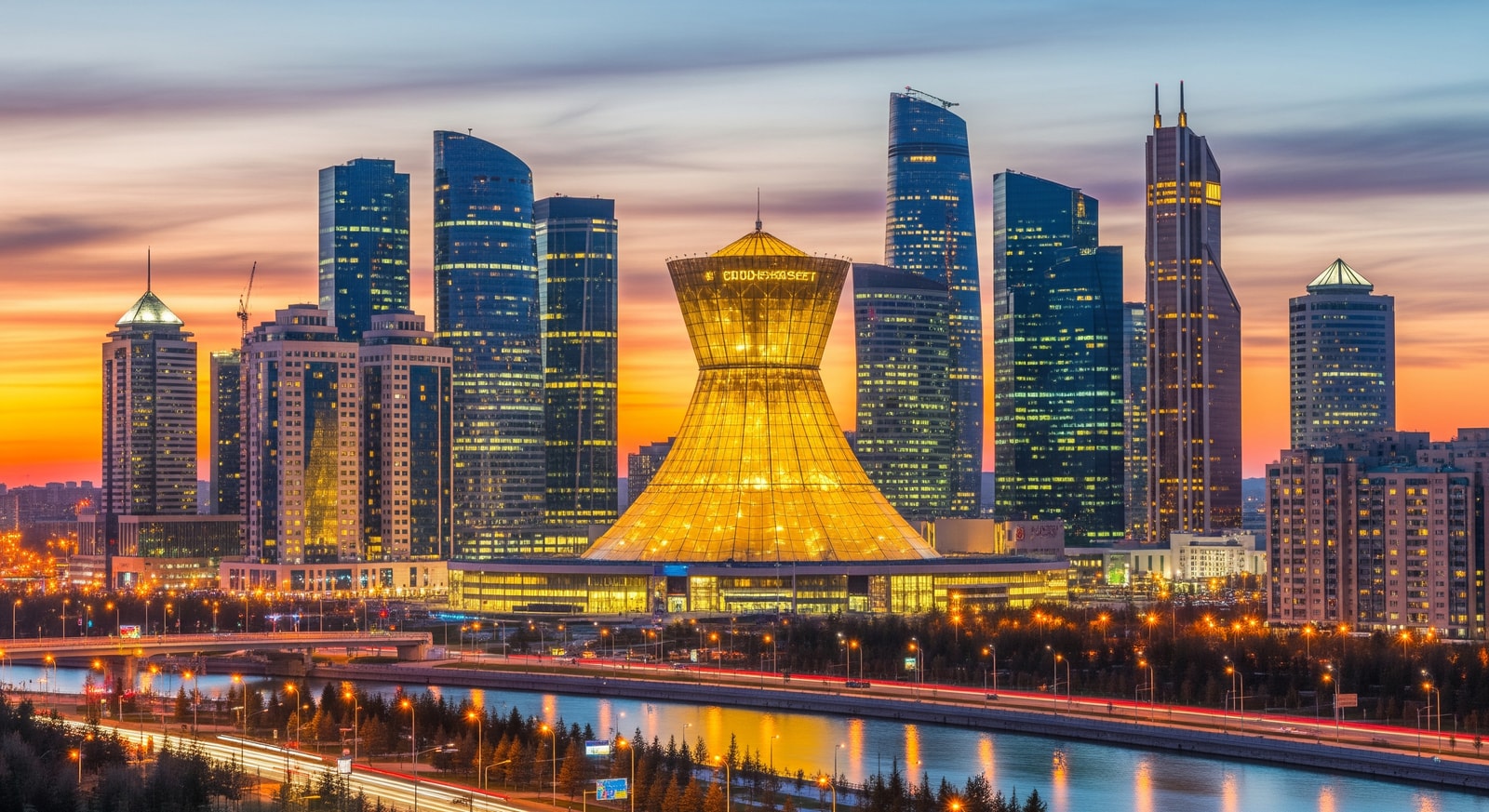 Modern Astana skyline featuring the golden Khan Shatyr Entertainment Center and surrounding towers