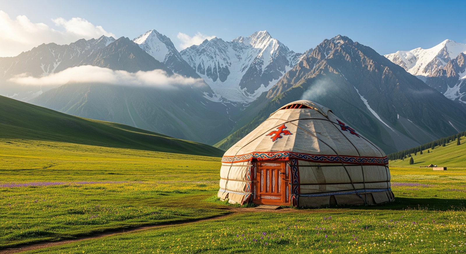 Traditional Kazakh yurt in front of snow-capped Tian Shan mountains with green alpine meadows