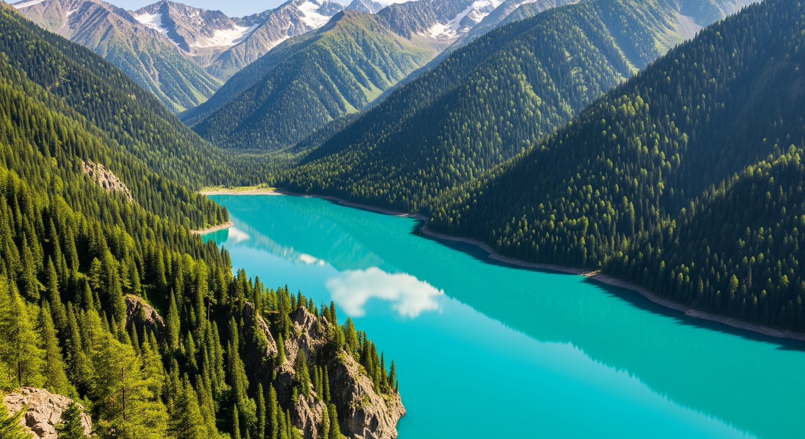 Aerial view of Big Almaty Lake with turquoise waters surrounded by forested mountains