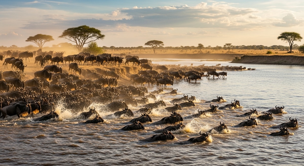 Massive wildebeest herd crossing the Mara River during the Great Migration in Masai Mara