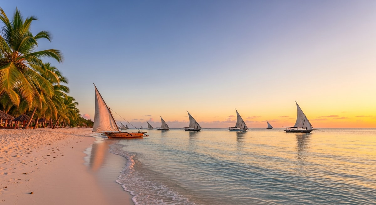 Pristine white sand beach with traditional dhow boats on the turquoise Indian Ocean in Diani Beach