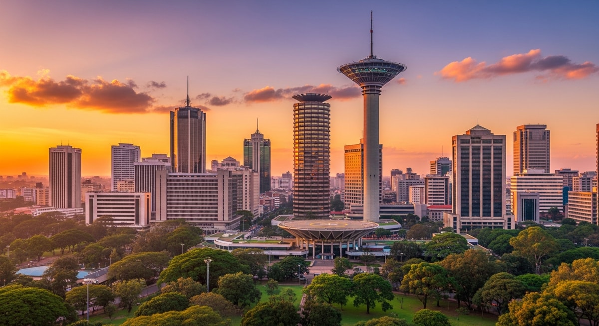 Modern Nairobi skyline with Kenyatta International Conference Centre and city parks