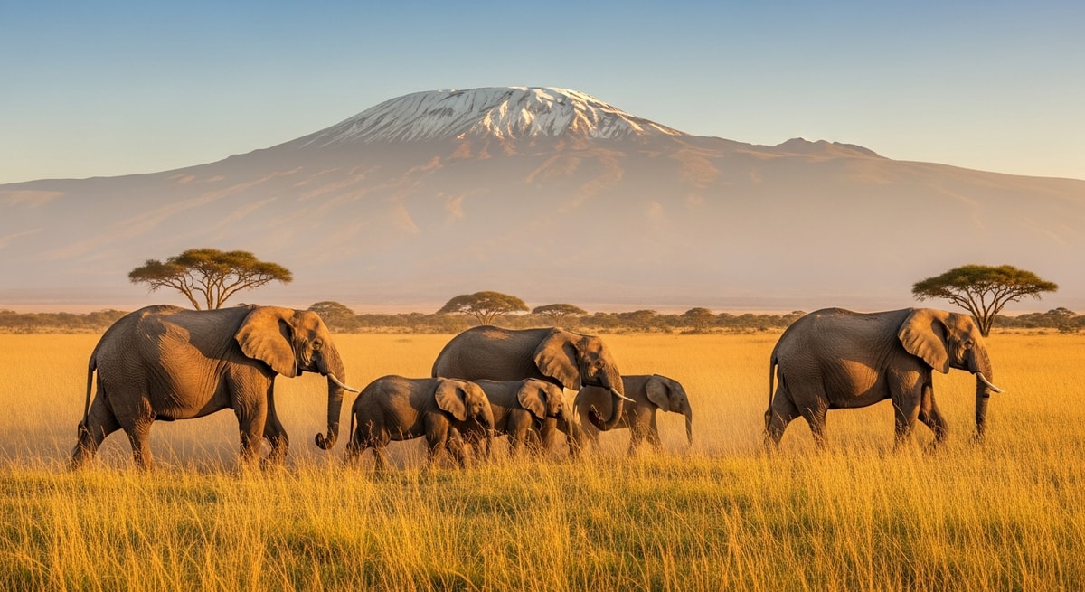 Elephants walking across the golden savanna of Amboseli National Park with Mount Kilimanjaro in background