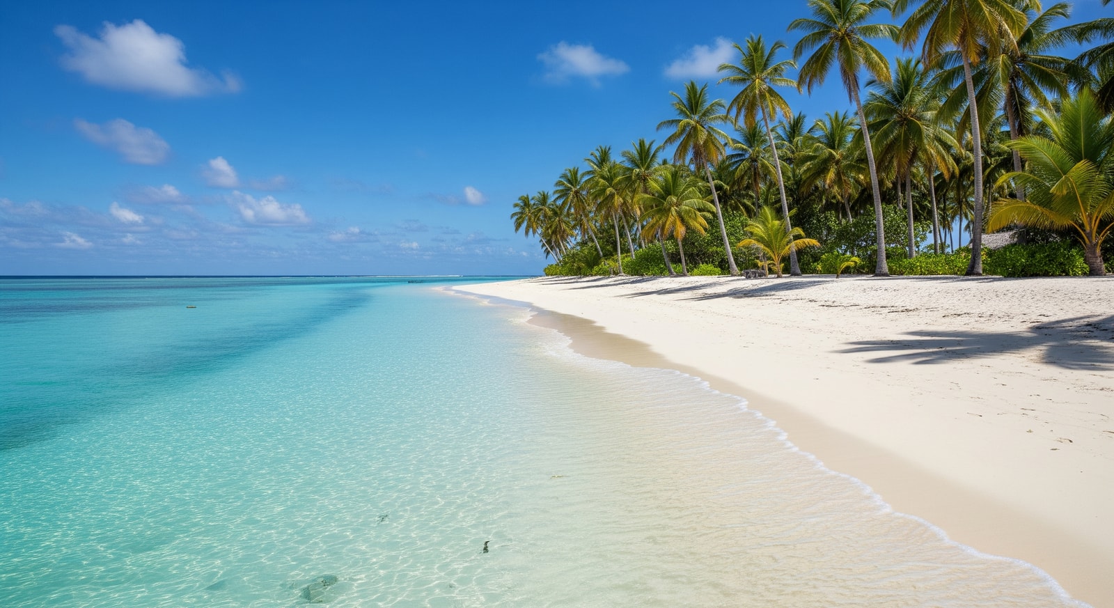 Untouched white sand beach lined with coconut palms on a remote Kiribati outer island