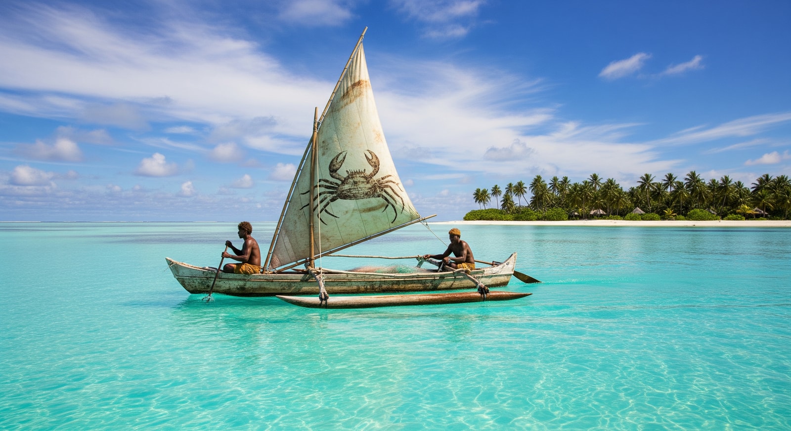 Traditional Kiribati outrigger canoe sailing across crystal-clear lagoon waters with fishermen