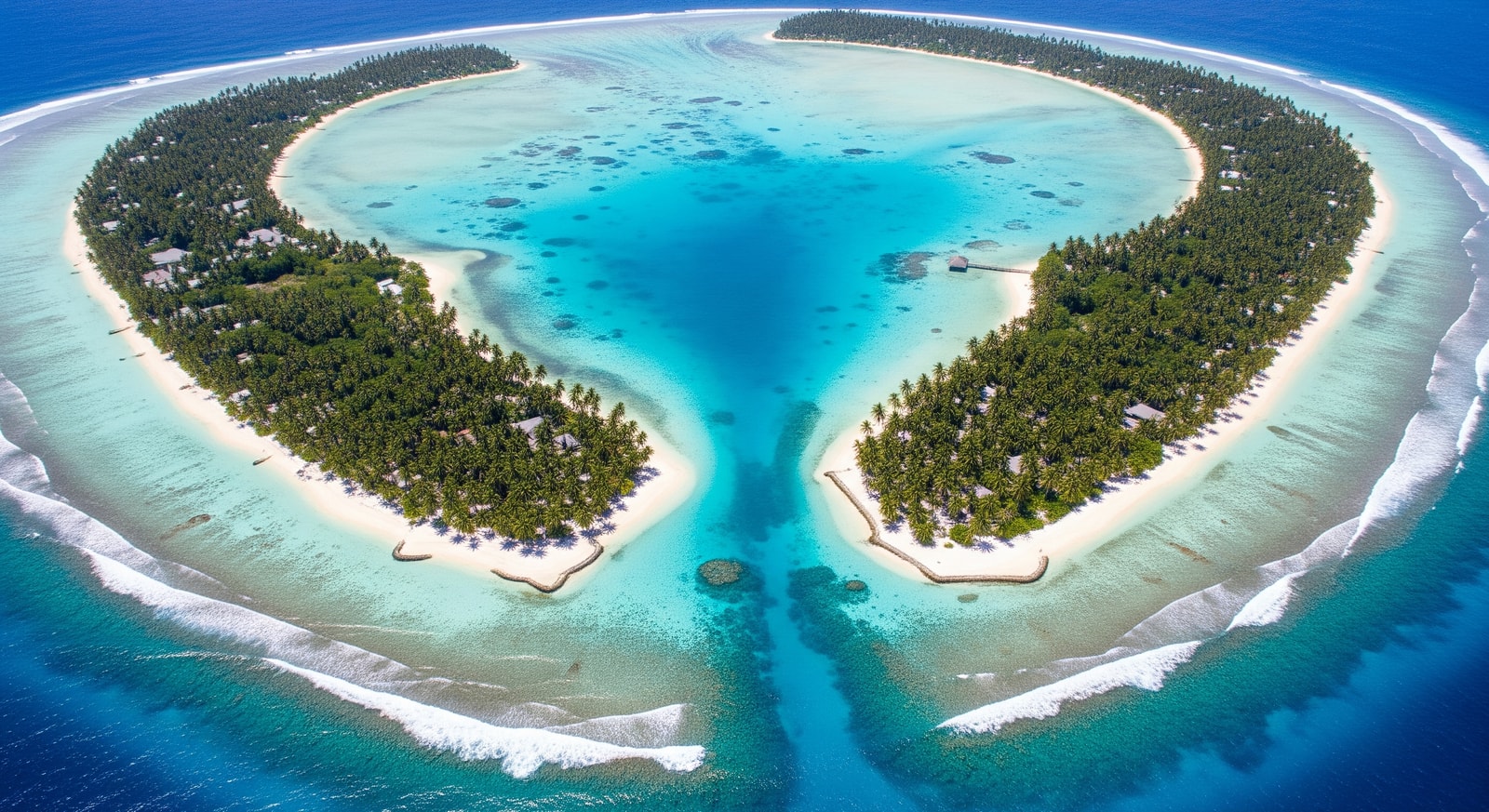 Aerial view of a pristine Kiribati atoll with turquoise lagoon and palm-covered islets