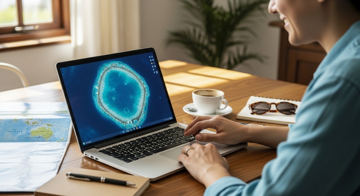 Traveler planning Pacific island adventure with laptop showing Kiribati atoll imagery