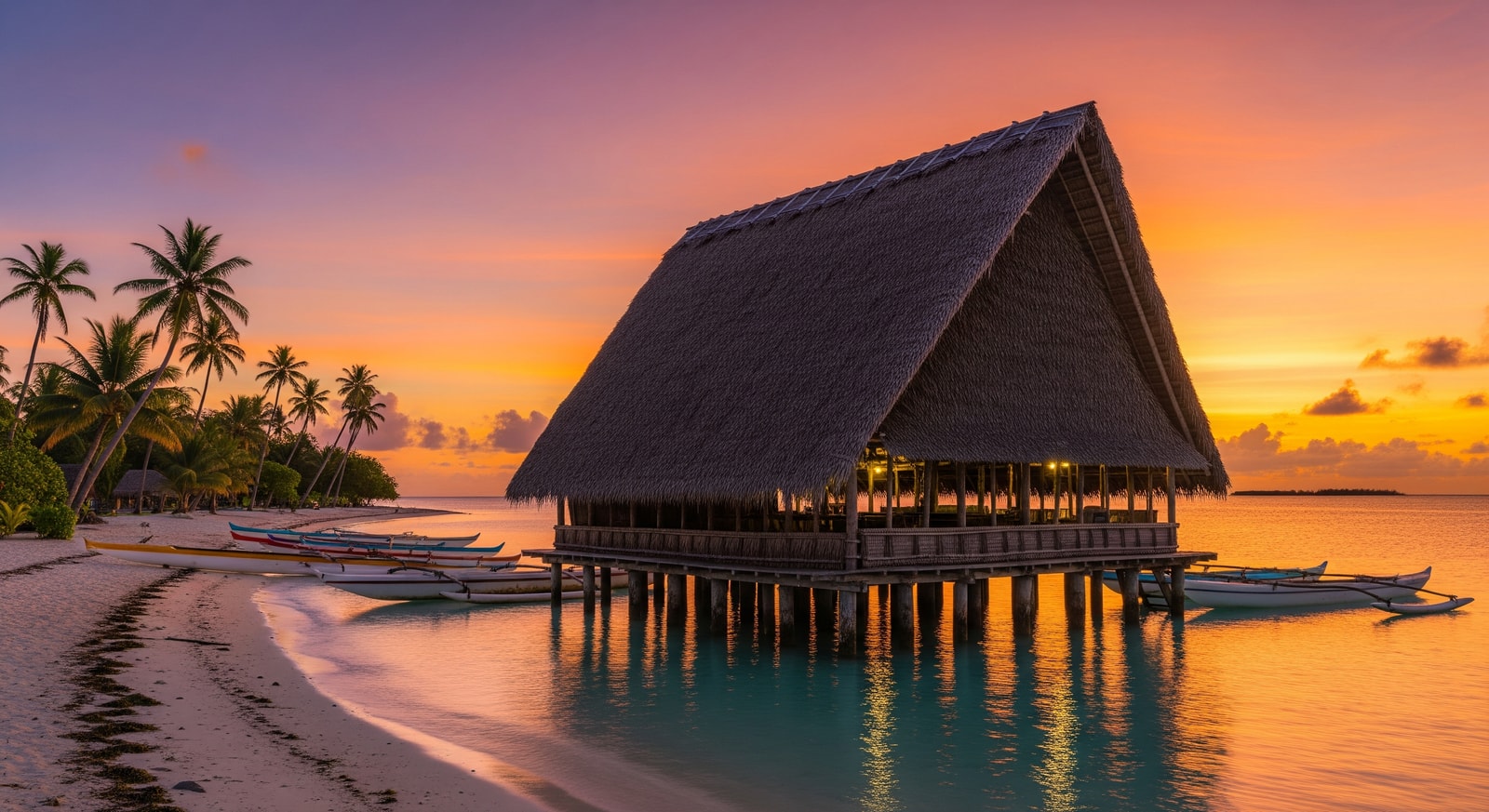 Traditional thatched-roof meeting house (maneaba) on the shores of Tarawa lagoon at sunset