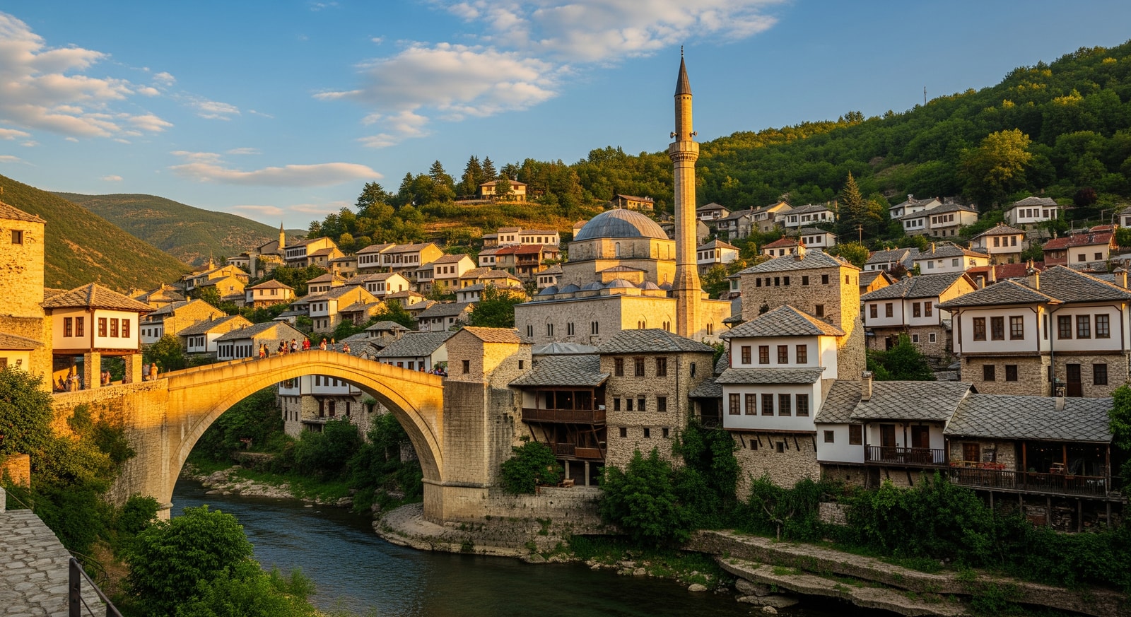 Historic old town of Prizren with Ottoman architecture, stone bridge over Bistrica River and Sinan Pasha Mosque