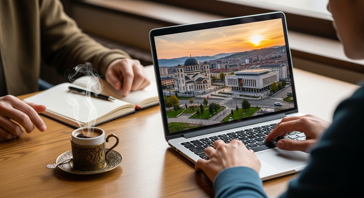 Traveler planning Kosovo trip with laptop showing Pristina cityscape and traditional Albanian coffee