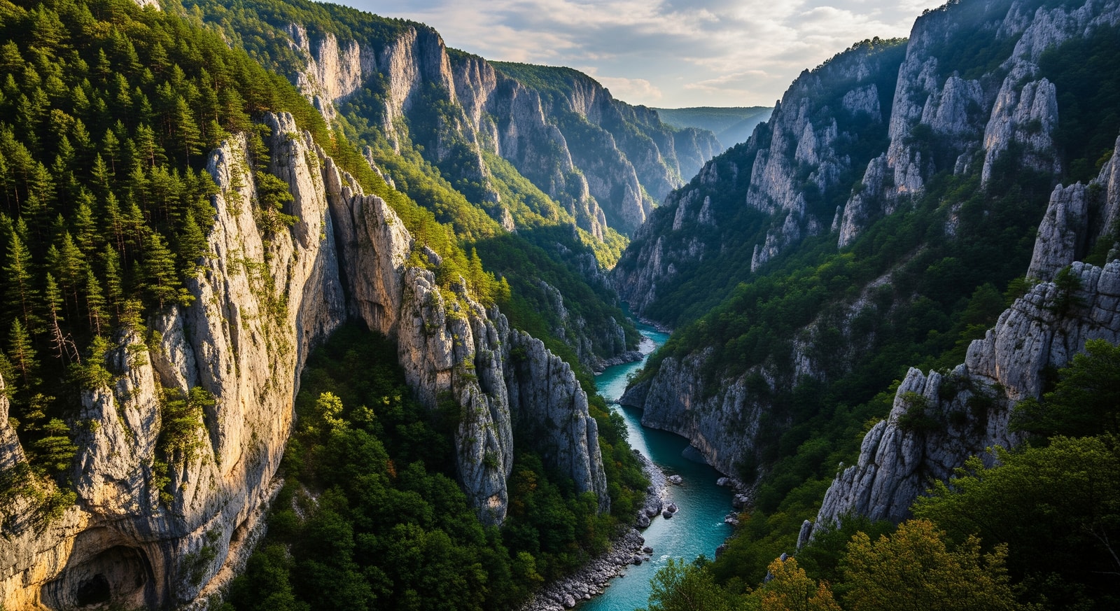 Dramatic Rugova Canyon with towering limestone cliffs, pine forests and Peja River flowing through the gorge
