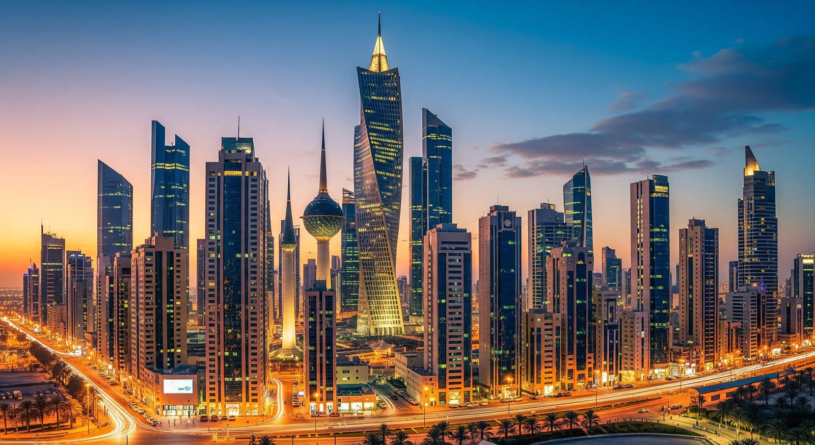 Modern Kuwait City downtown with gleaming skyscrapers and the Al Hamra Tower dominating the business district
