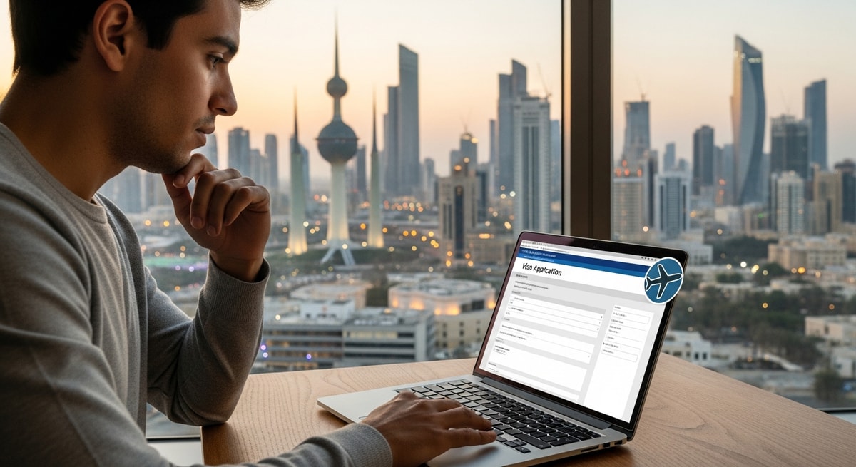 Traveler completing Kuwait visa application on laptop with Kuwait cityscape in background