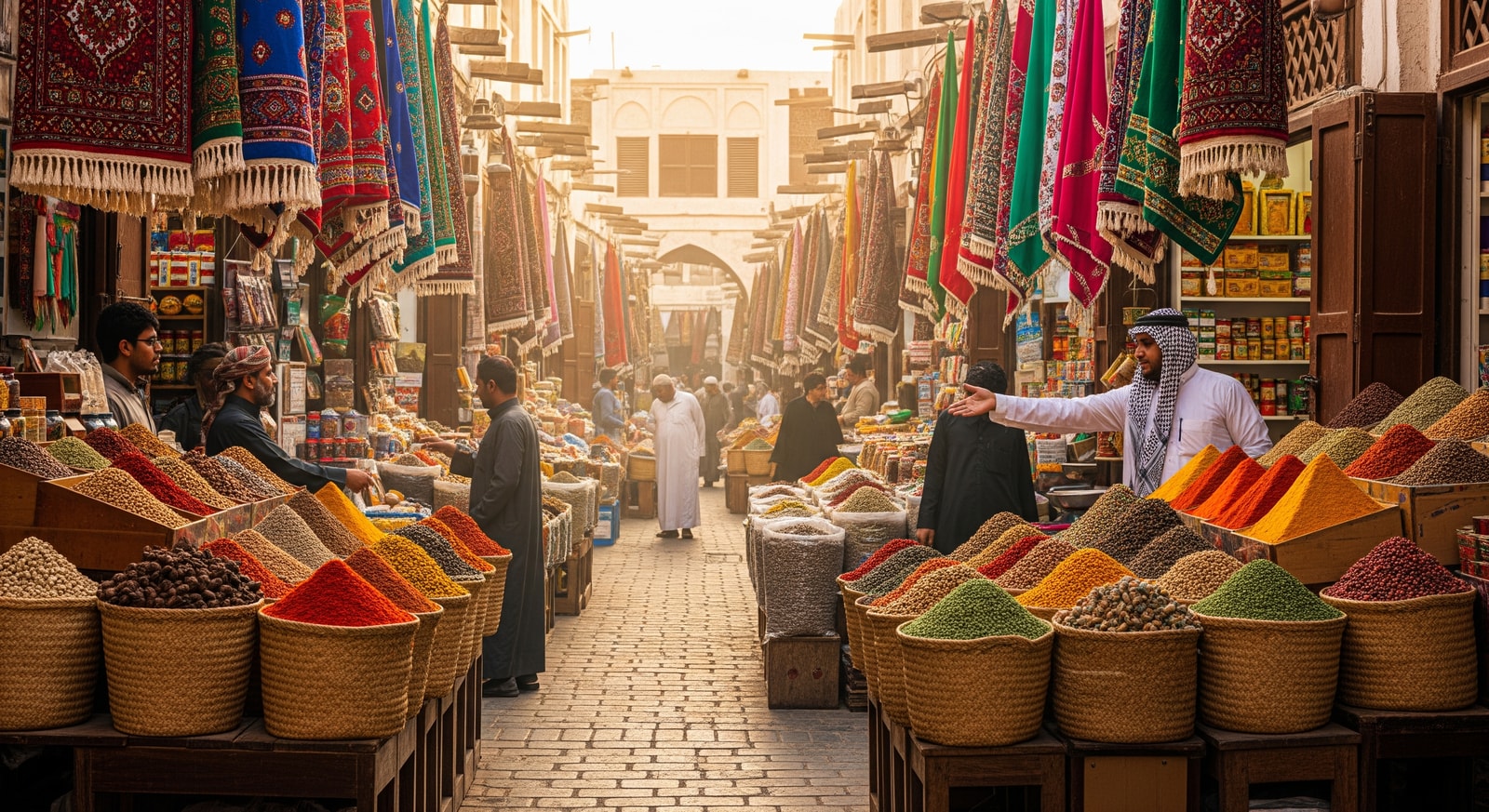 Traditional Souq Al-Mubarakiya in Kuwait City with colorful spices, textiles, and local traders showcasing Arabian heritage