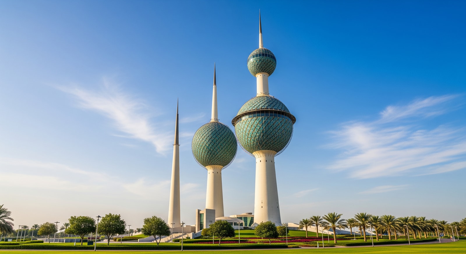 The iconic Kuwait Towers against a clear blue sky, showcasing the distinctive spherical structures that symbolize modern Kuwait