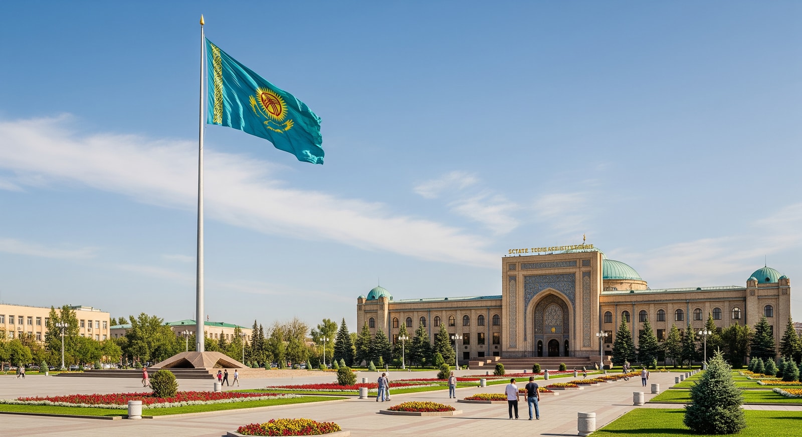 Ala-Too Square in Bishkek with the State Historical Museum and Kyrgyz flag monument against clear blue sky