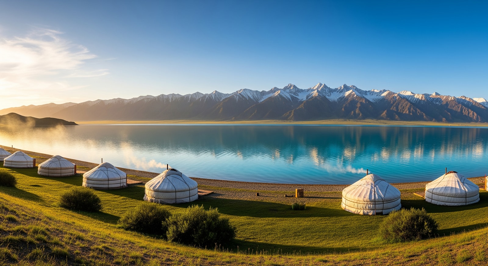 Crystal clear waters of Issyk Kul Lake with snow-capped Tien Shan mountains and traditional yurt camps on the shore