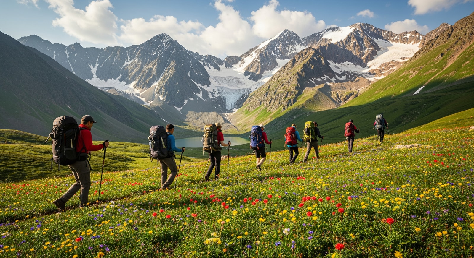 Hikers trekking through alpine meadows with dramatic mountain peaks and glaciers in the Ala Archa National Park