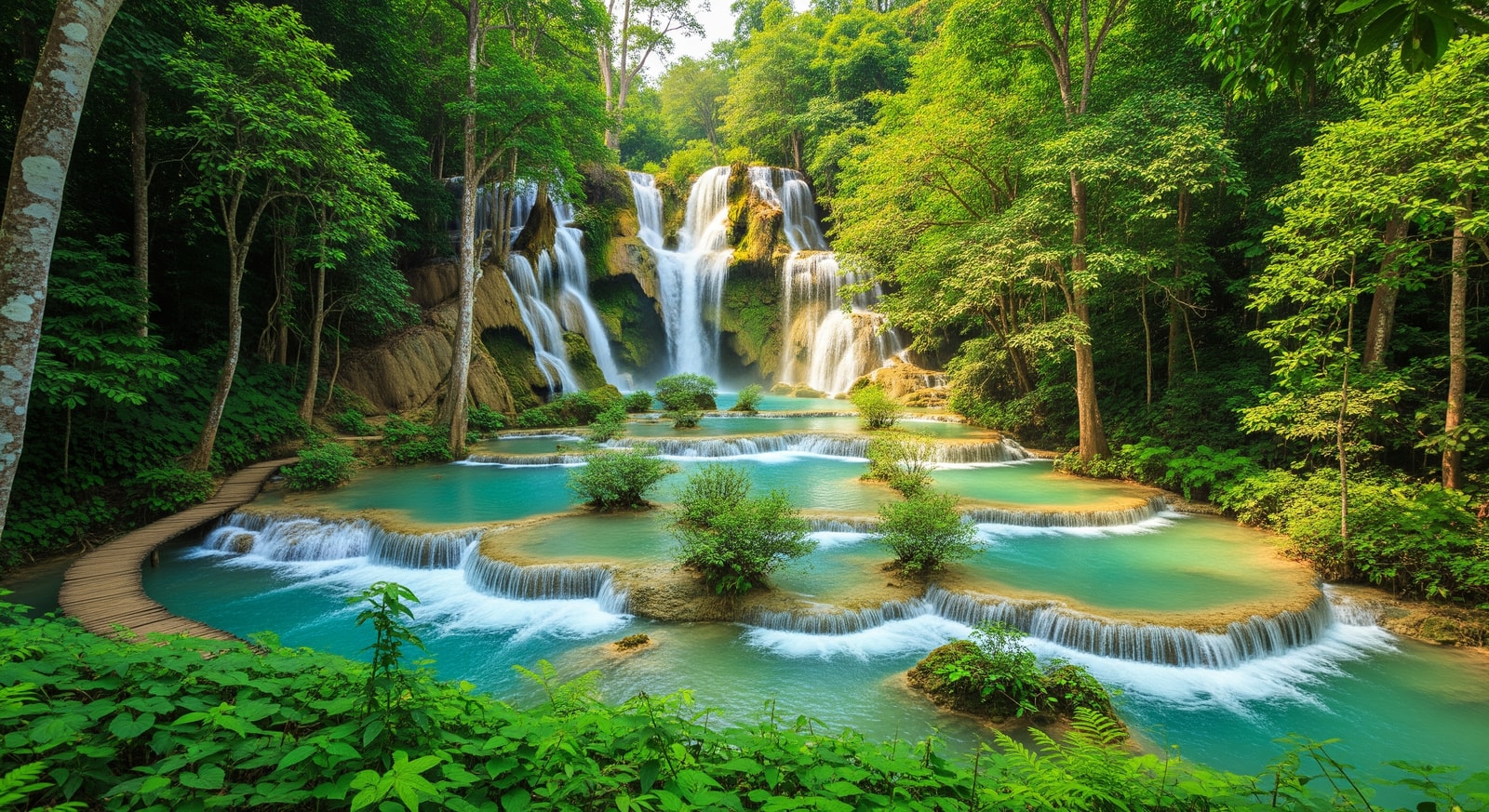 Turquoise cascading waterfalls of Kuang Si surrounded by lush tropical jungle near Luang Prabang