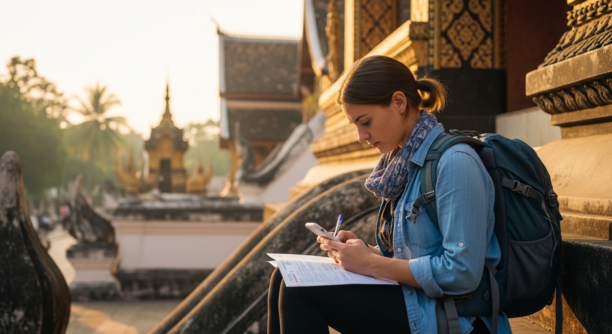 Traveler exploring Luang Prabang temples while completing visa application on smartphone
