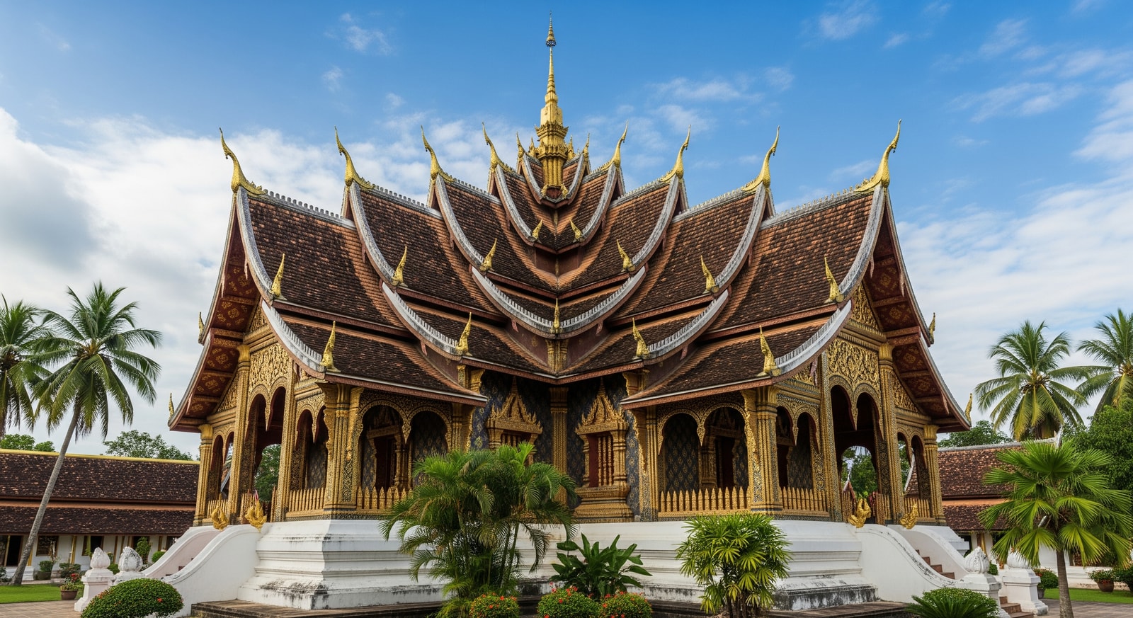 Golden spires of Wat Xieng Thong temple in Luang Prabang with intricate mosaic decorations and traditional Lao architecture