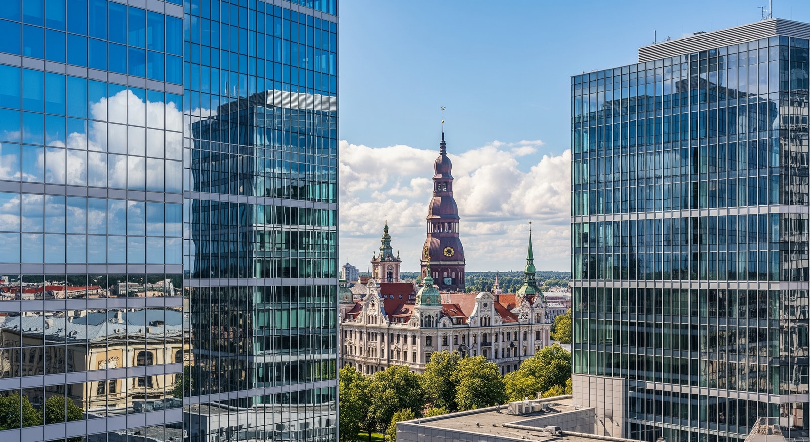 Modern glass office buildings in Riga's business district with Art Nouveau architecture in the background