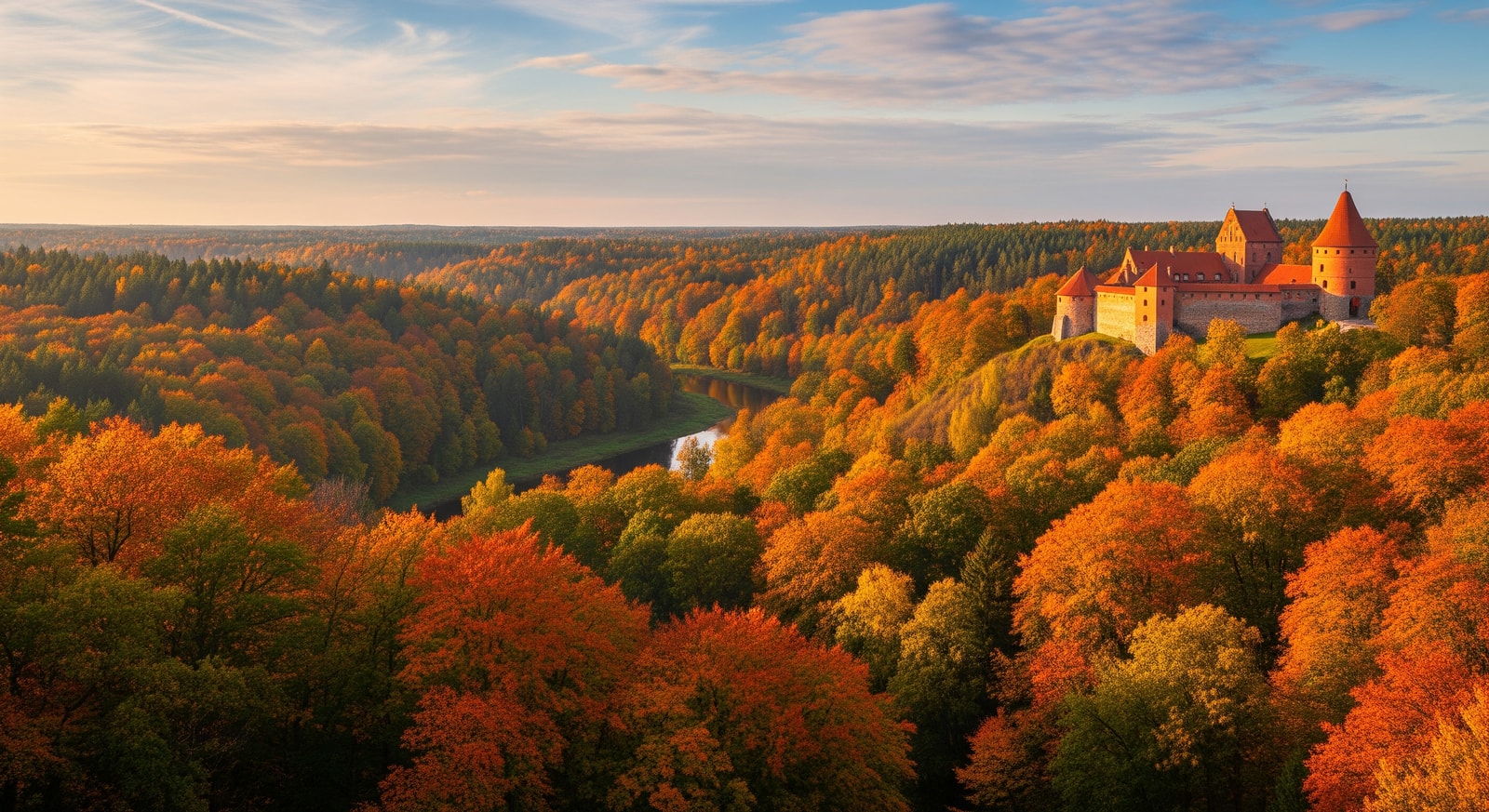 Autumn colors in Gauja National Park with the medieval Turaida Castle overlooking the forested valley