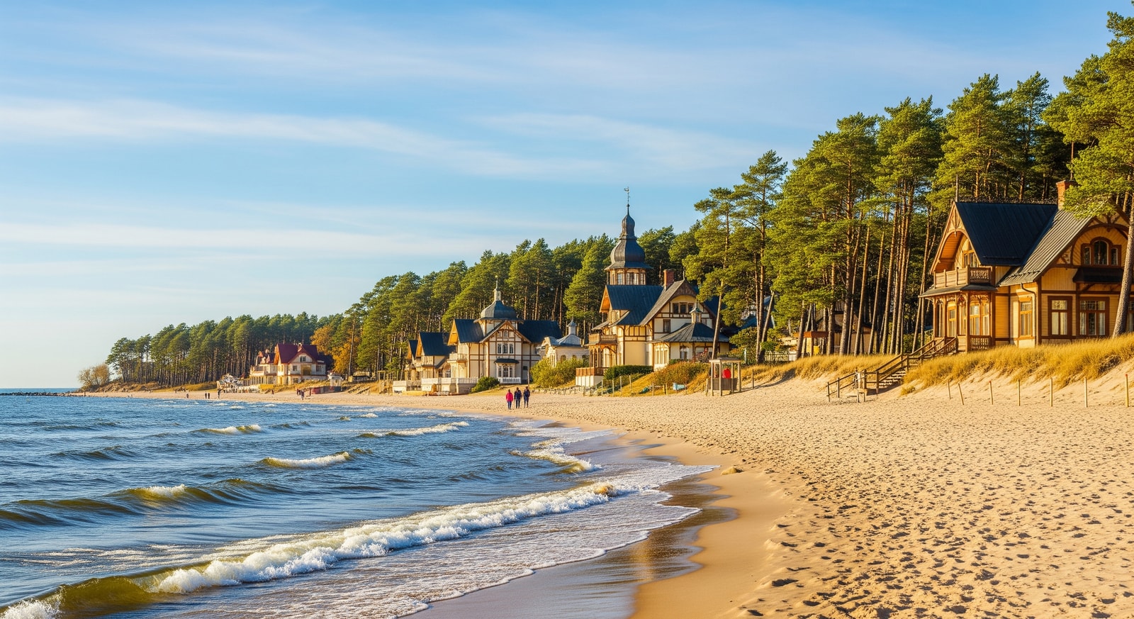 Sandy beach at Jurmala resort town with traditional wooden architecture and pine forests along the Baltic Sea