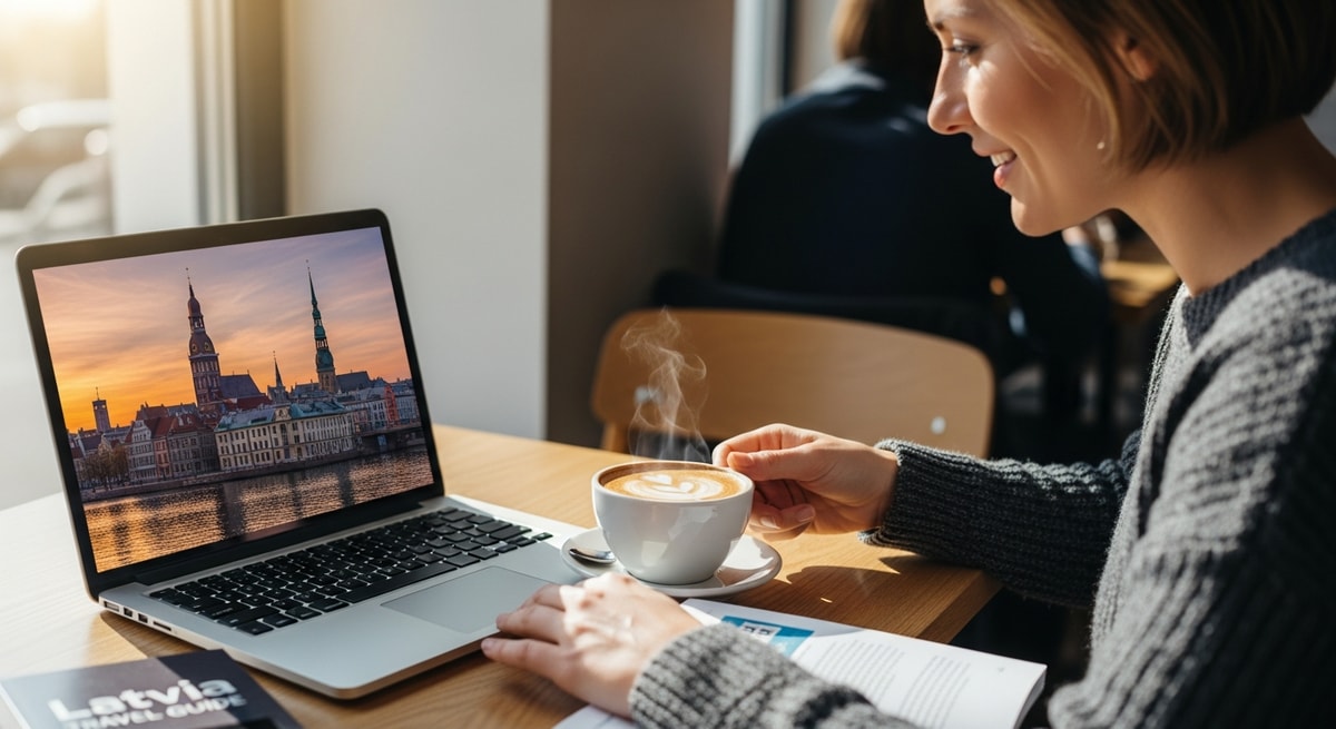 Traveler planning Latvia trip with laptop showing Riga skyline while enjoying coffee