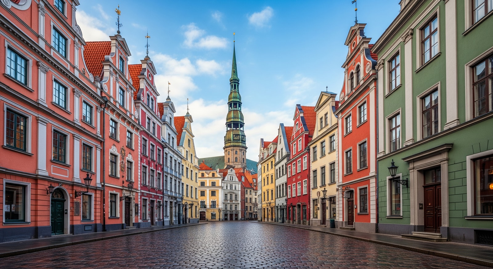 Cobblestone streets of Riga Old Town with colorful medieval merchant houses and St. Peter's Church spire