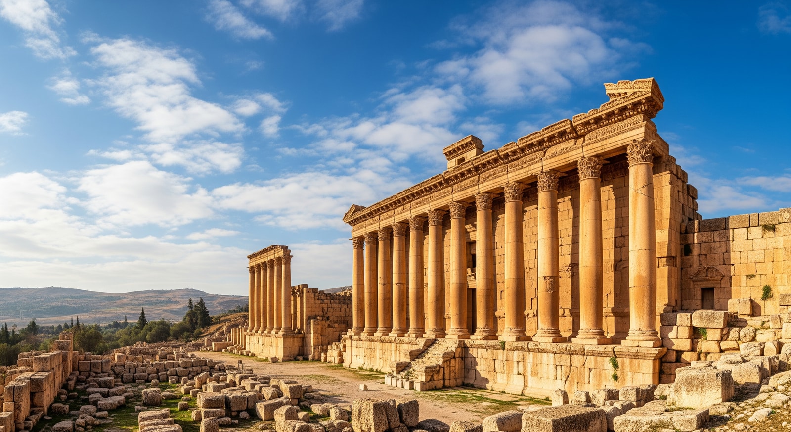 Ancient Roman temples of Baalbek with massive stone columns against blue sky