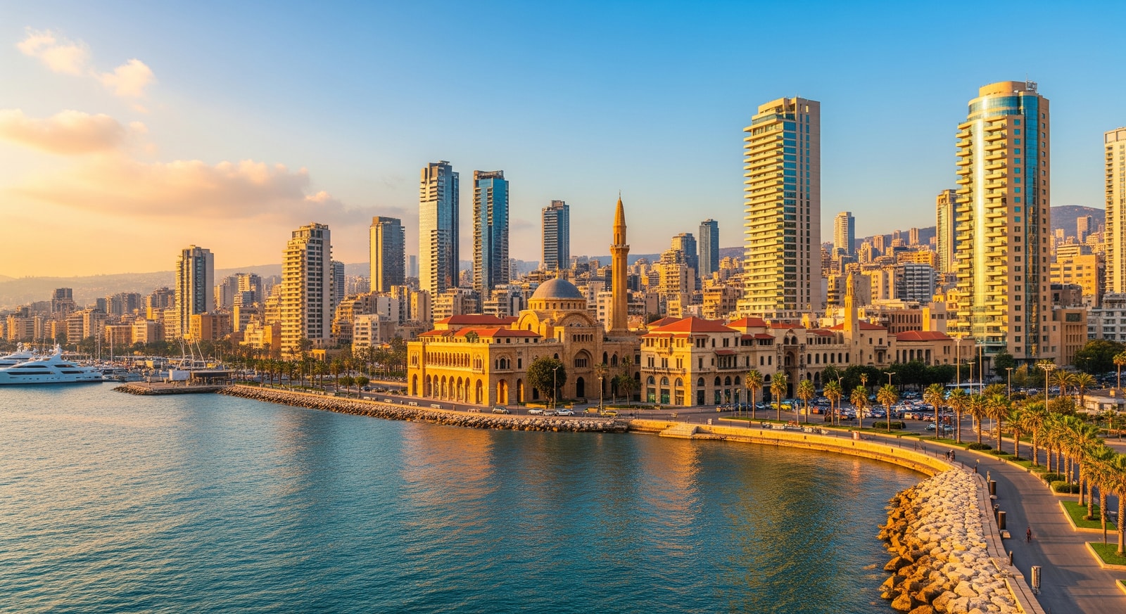 Downtown Beirut with historic Ottoman architecture and modern buildings along the Mediterranean coast