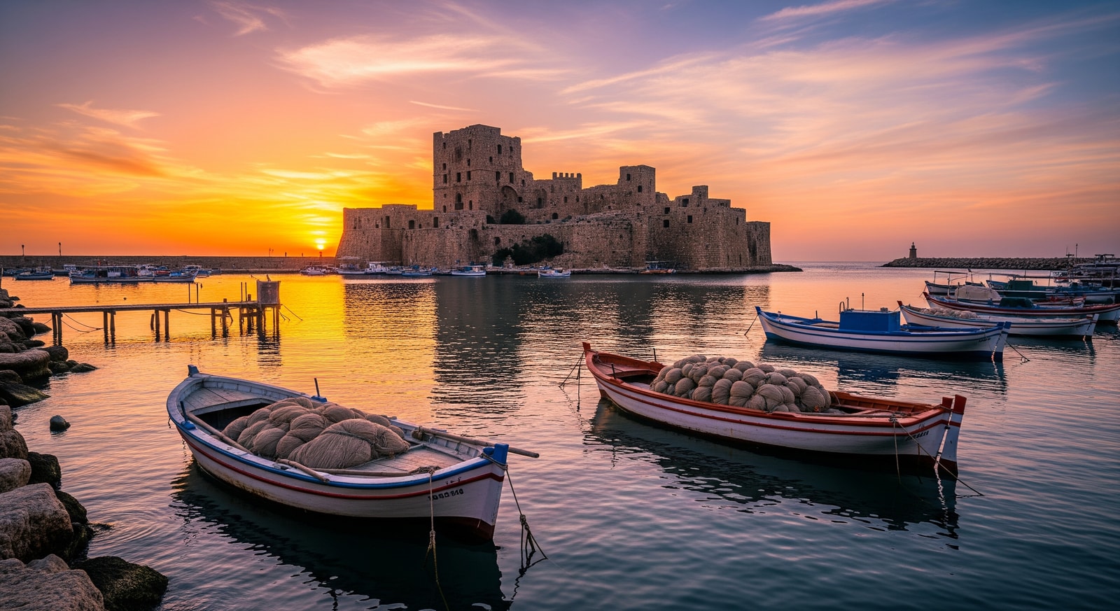 Ancient harbor of Byblos with fishing boats and crusader castle ruins at sunset