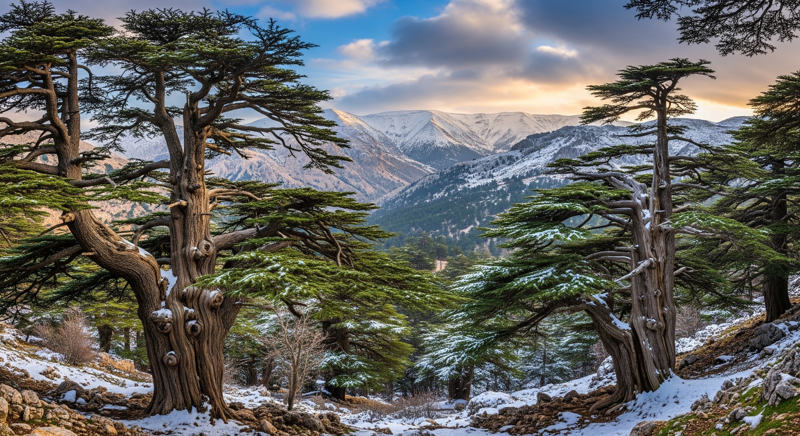 Ancient cedar trees in the Cedars of God forest with snow-capped mountains in background