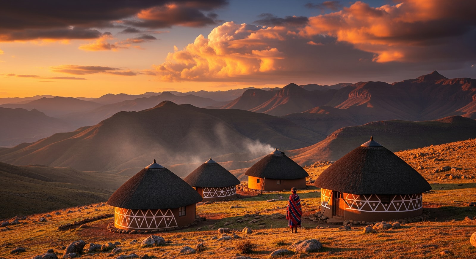 Dramatic Maluti Mountains landscape with traditional Basotho round huts in the foreground
