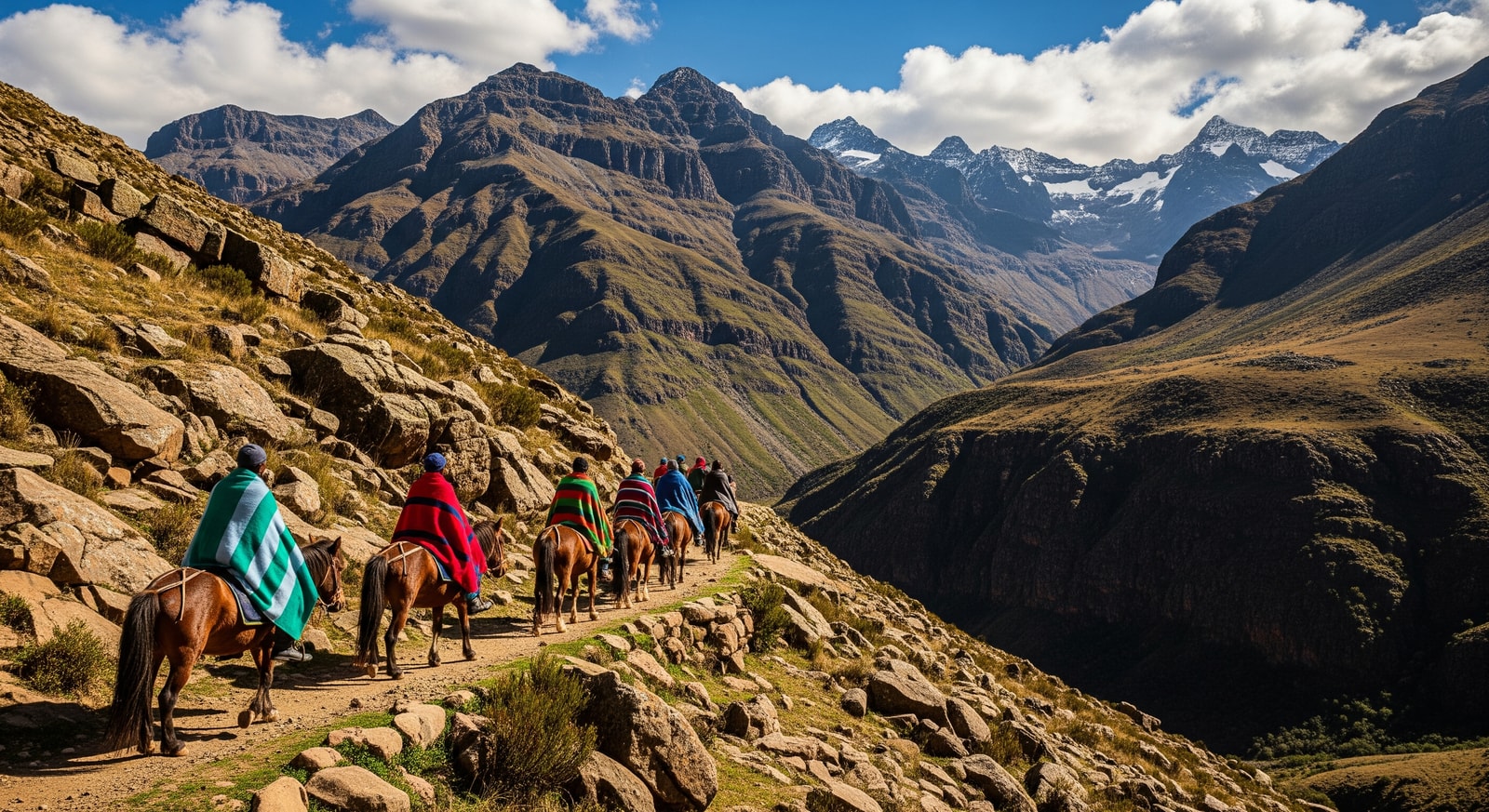 Basotho pony trekking through scenic mountain pass with riders in traditional blankets