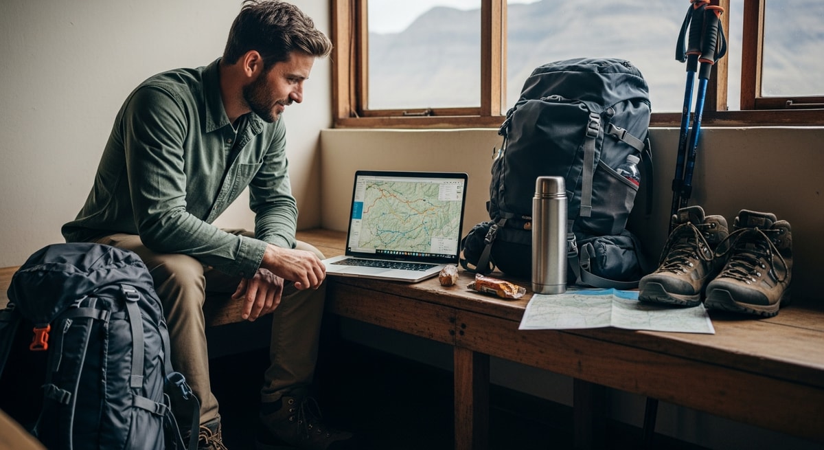 Traveler planning adventure trip to Lesotho mountains with laptop and hiking gear