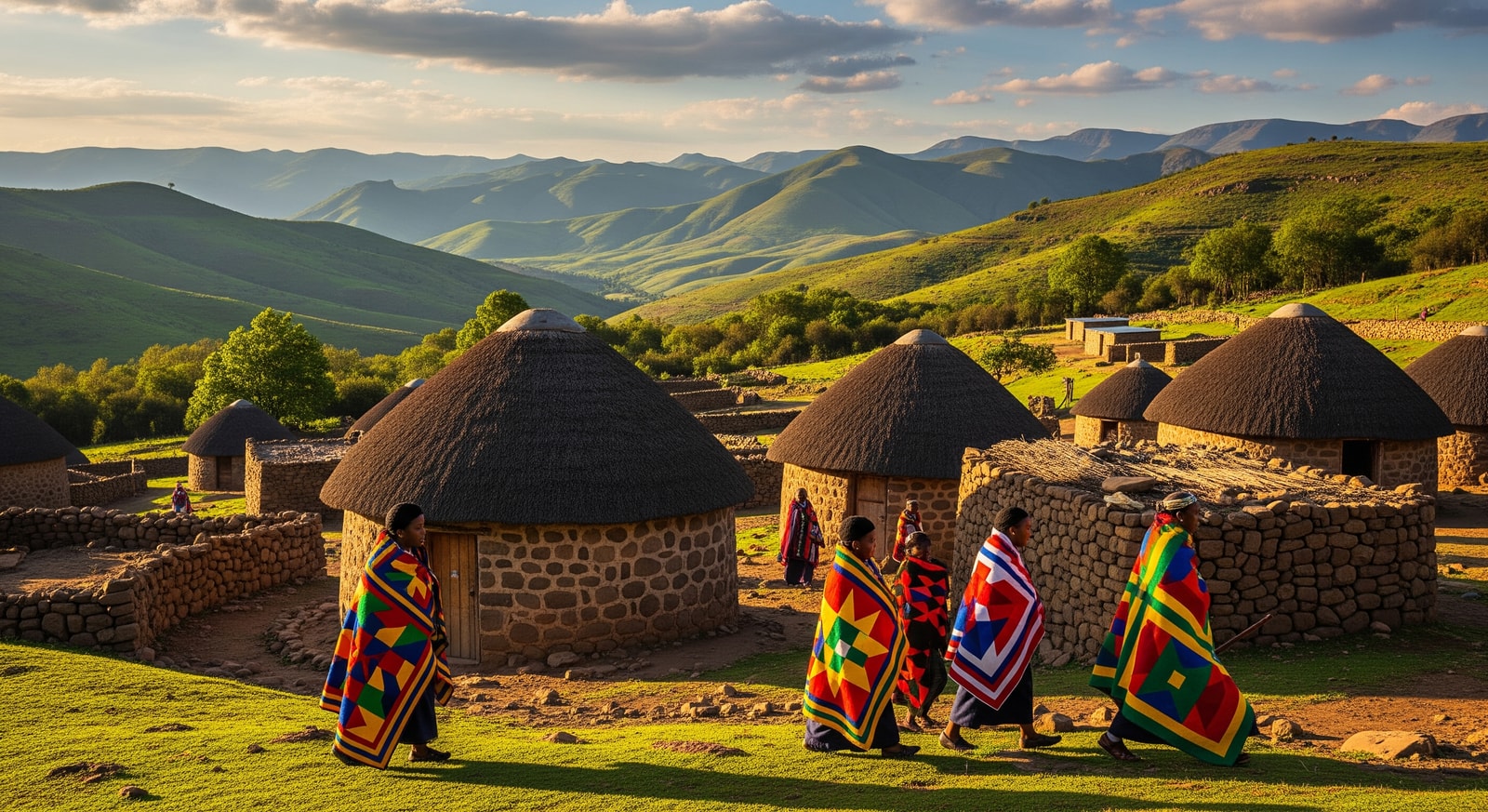 Traditional Basotho village with colorful blanket-wrapped locals and round stone huts
