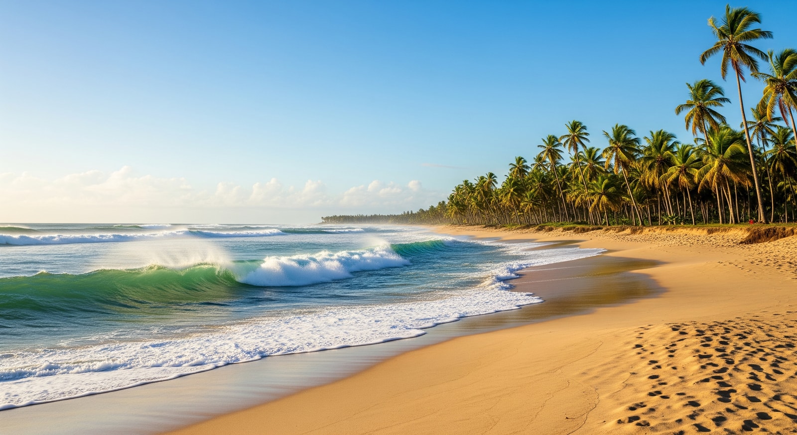 Pristine sandy beach with palm trees and Atlantic waves at Robertsport surf beach