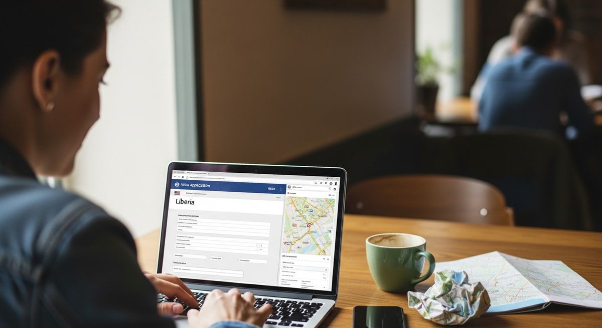 Traveler using laptop to complete Liberia visa application while planning trip