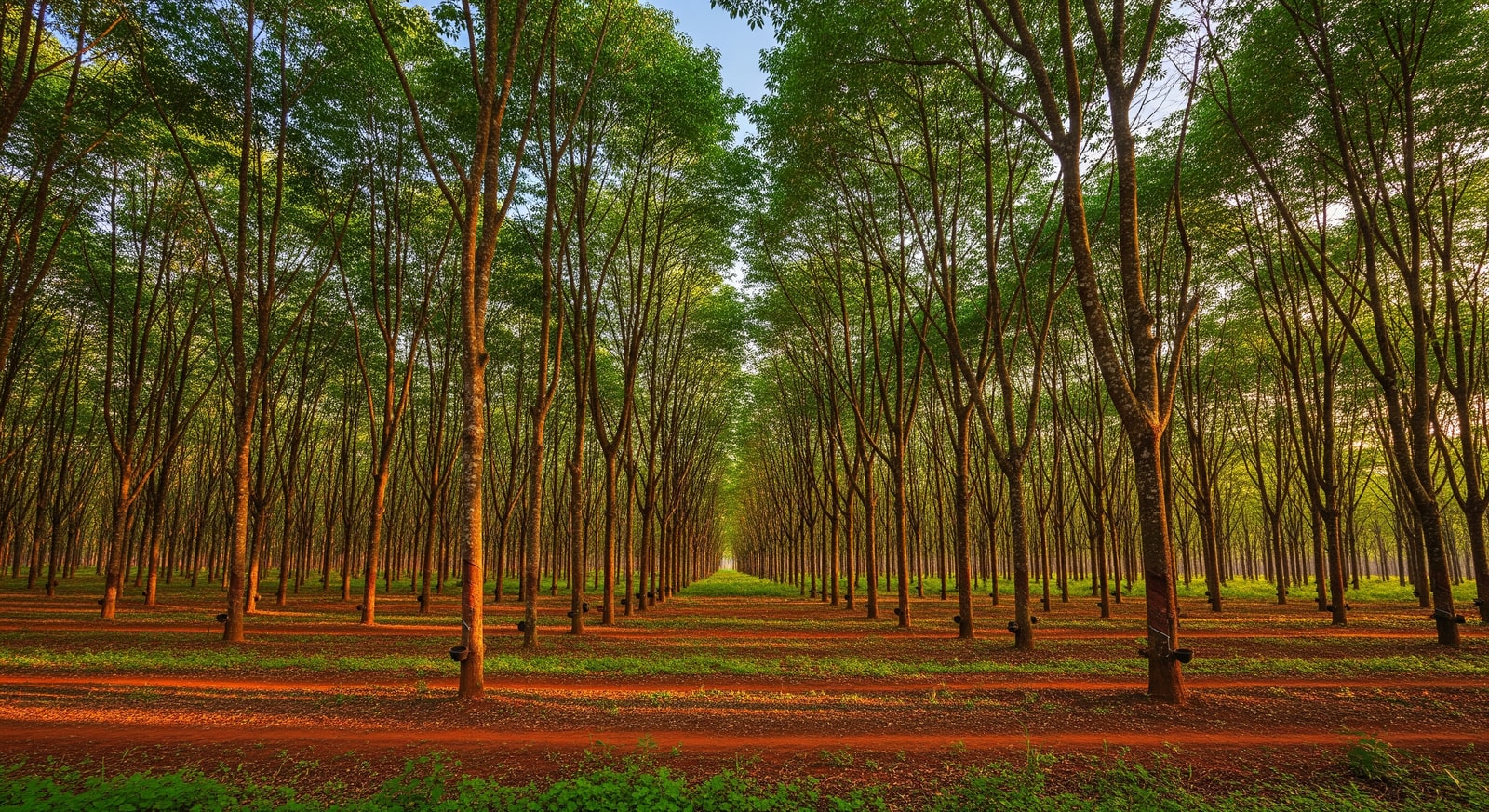 Firestone rubber plantation with rows of rubber trees stretching to the horizon in Harbel