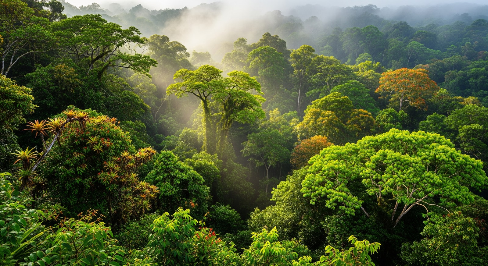 Dense tropical rainforest canopy in Sapo National Park with morning mist rising